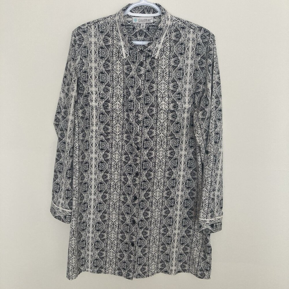 Coolibar UPF women’s Dress Button Up Geometric Black White Size L